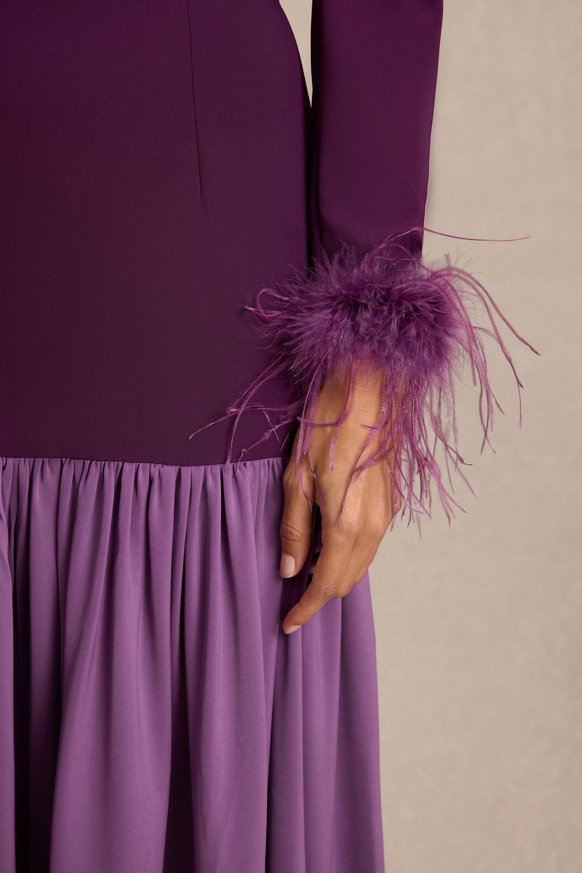 Feather Satin Asymmetrical Neck Midi Dress