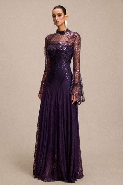 Sequin Rivet Bell Sleeve Maxi Dress