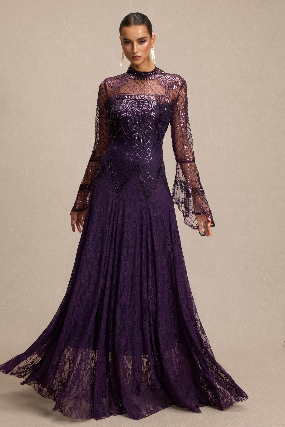 Sequin Rivet Bell Sleeve Maxi Dress