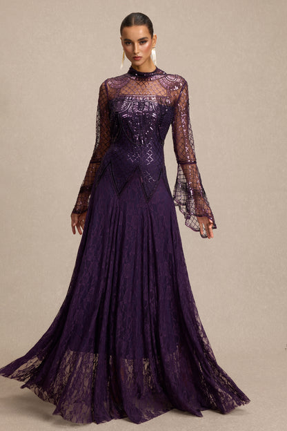 Sequin Rivet Bell Sleeve Maxi Dress