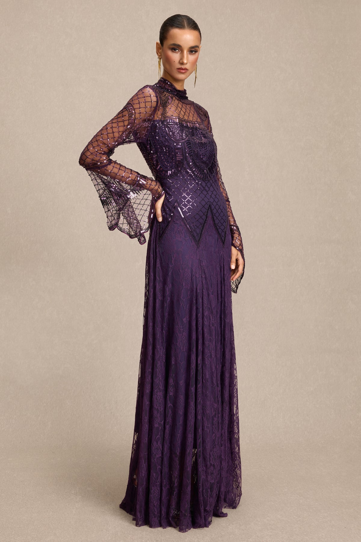 Sequin Rivet Bell Sleeve Maxi Dress