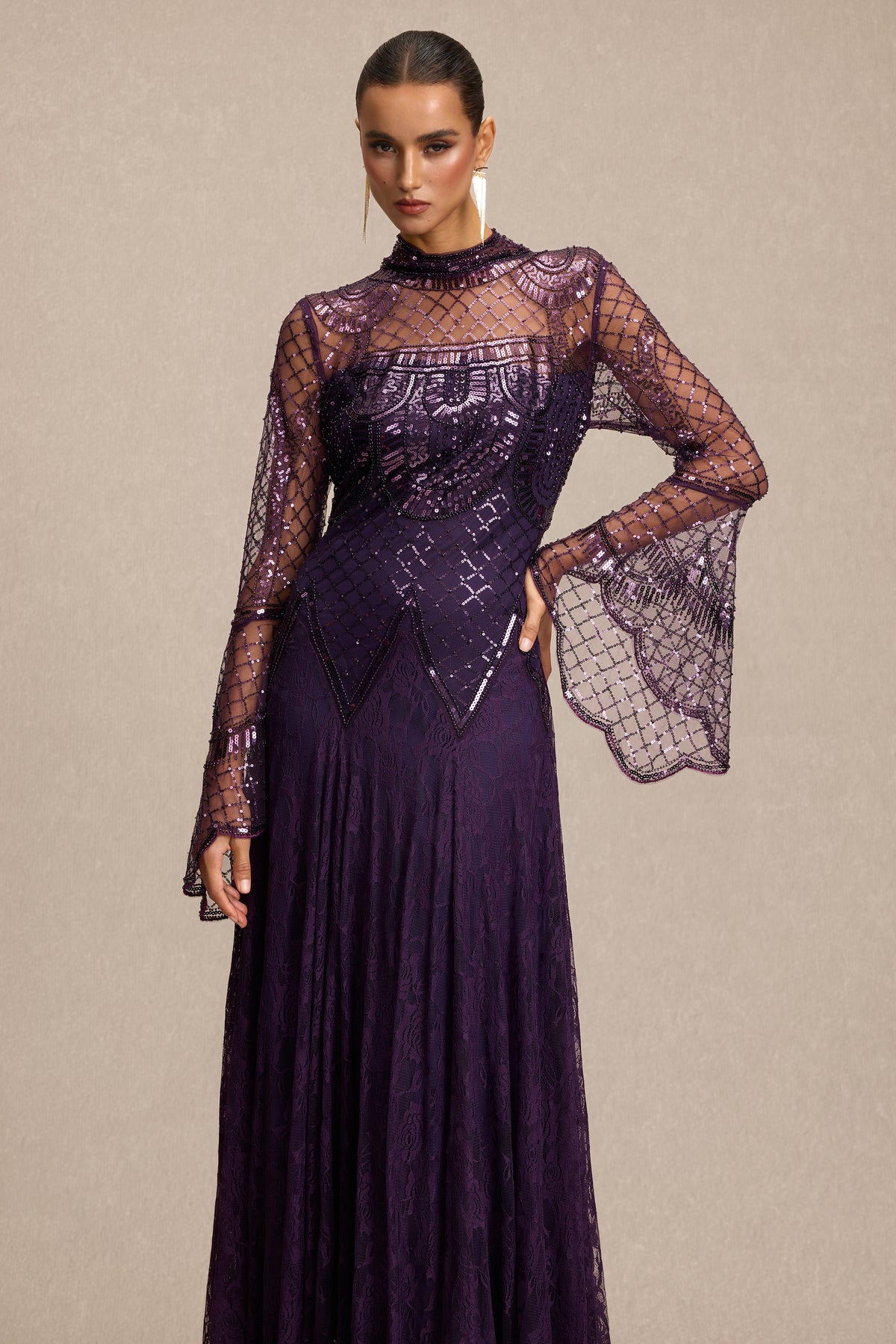 Sequin Rivet Bell Sleeve Maxi Dress