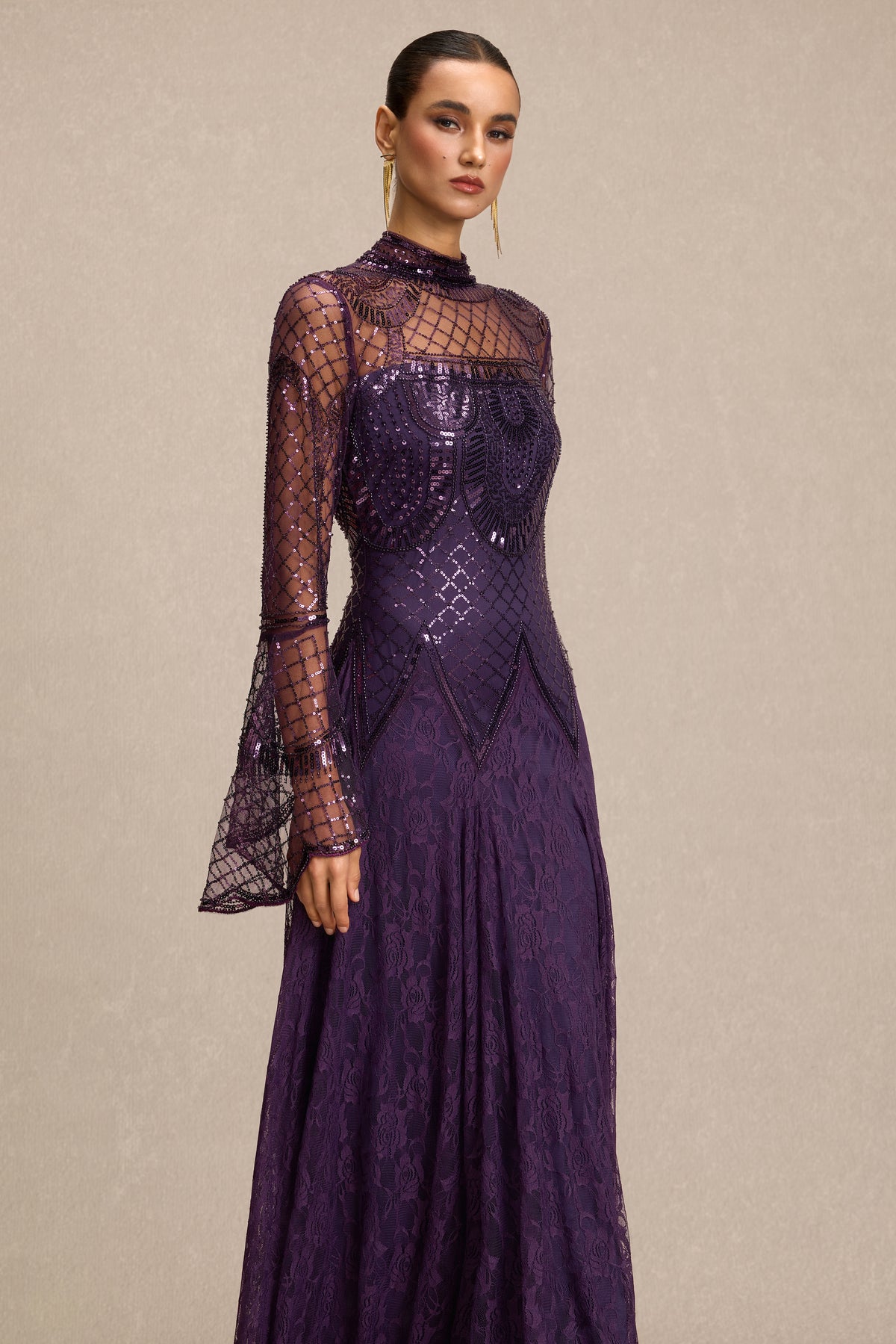 Sequin Rivet Bell Sleeve Maxi Dress