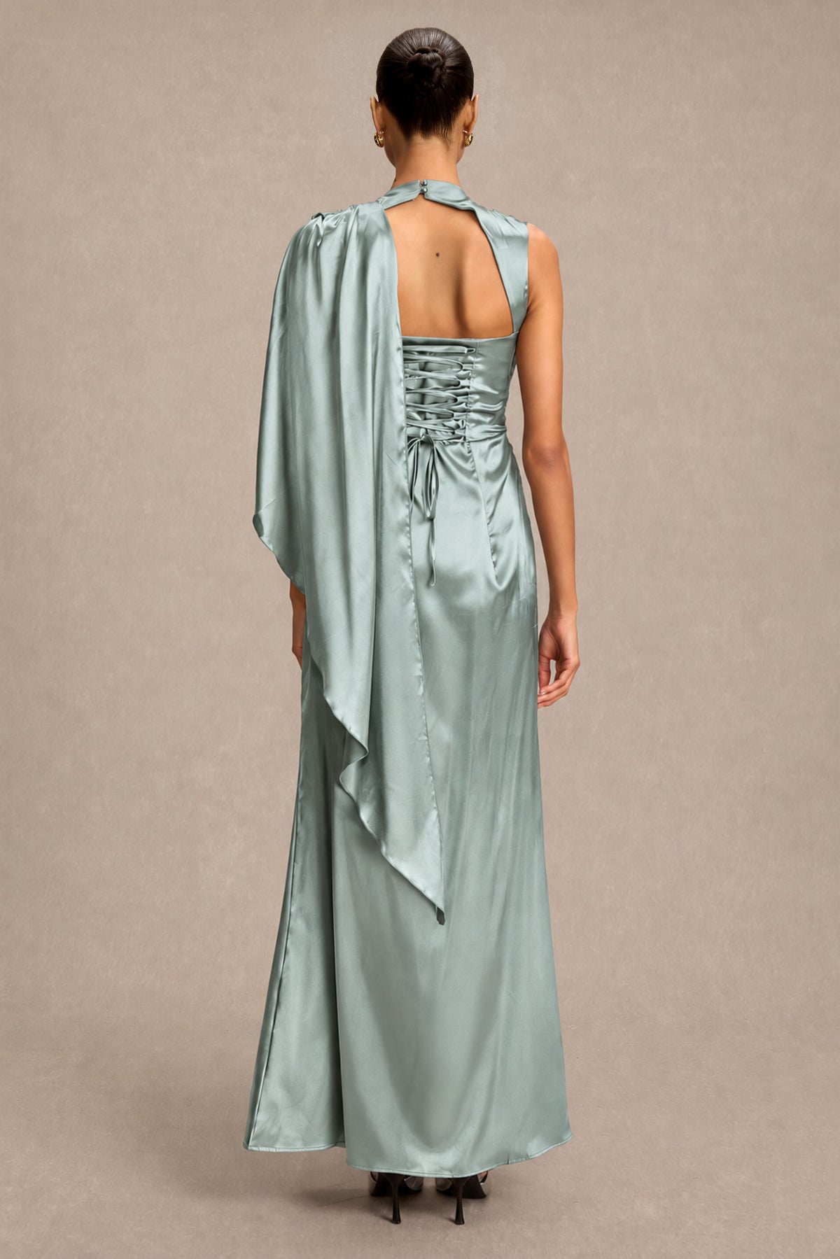 Satin Asymmetrical Cape Ruched Maxi Dress