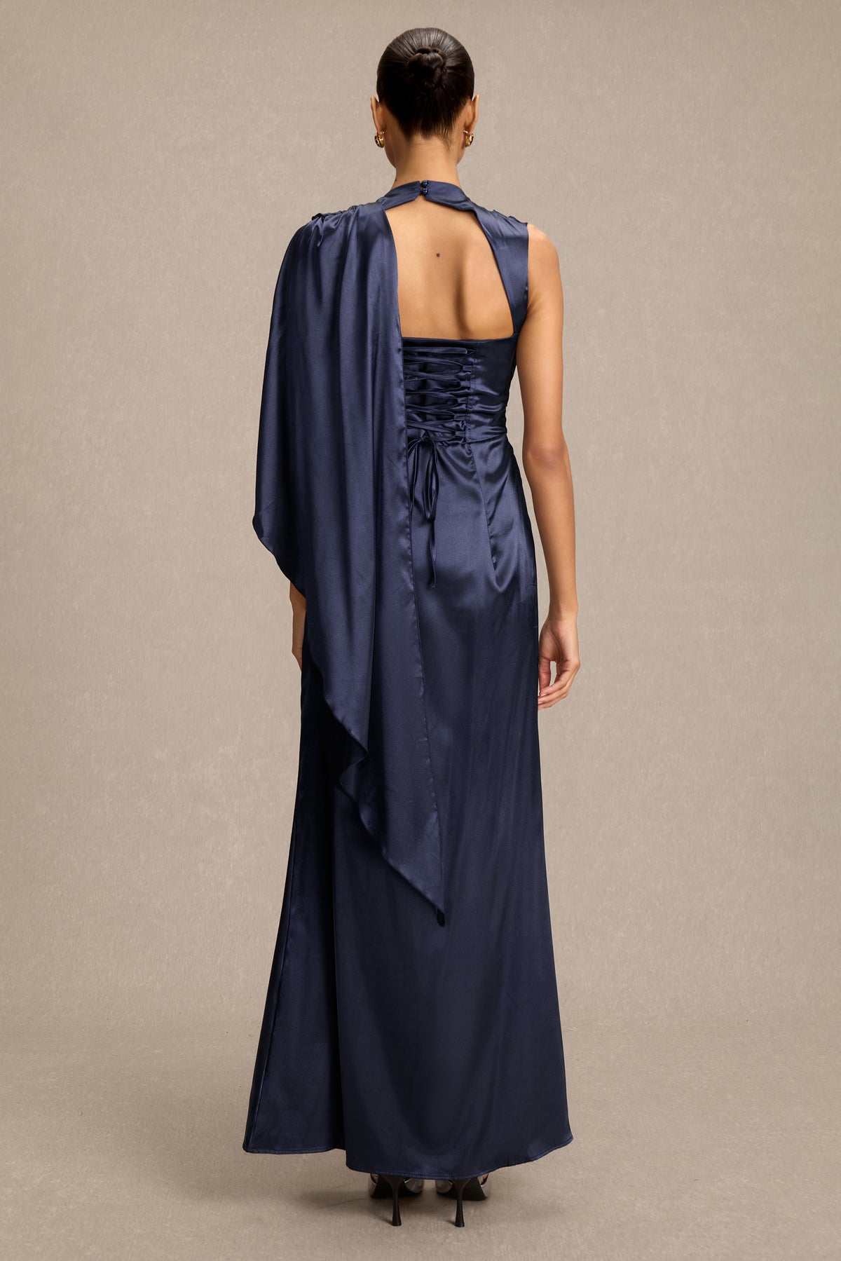 Satin Asymmetrical Cape Ruched Maxi Dress