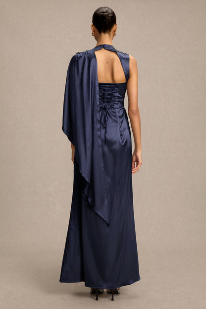 Satin Asymmetrical Cape Ruched Maxi Dress