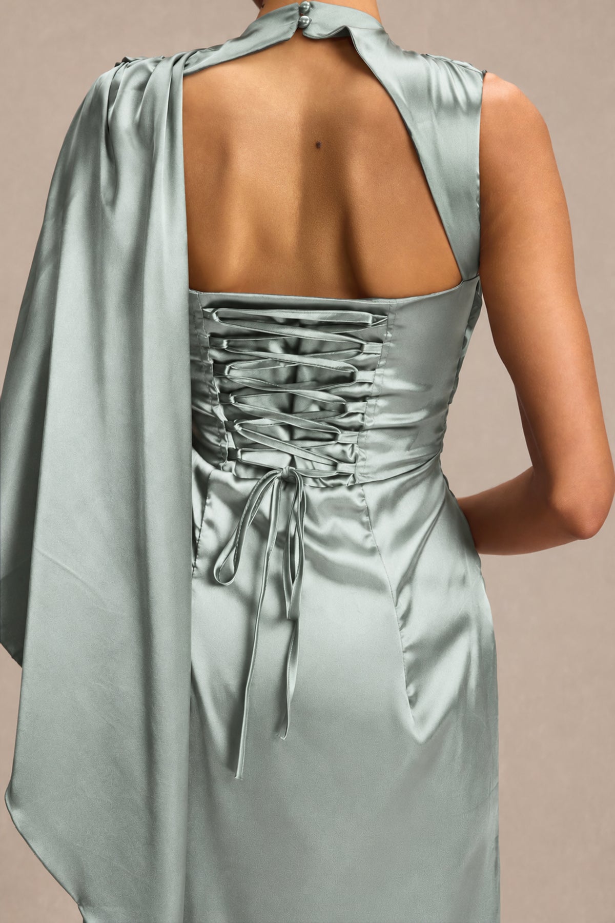Satin Asymmetrical Cape Ruched Maxi Dress