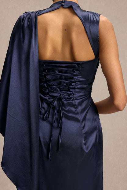 Satin Asymmetrical Cape Ruched Maxi Dress