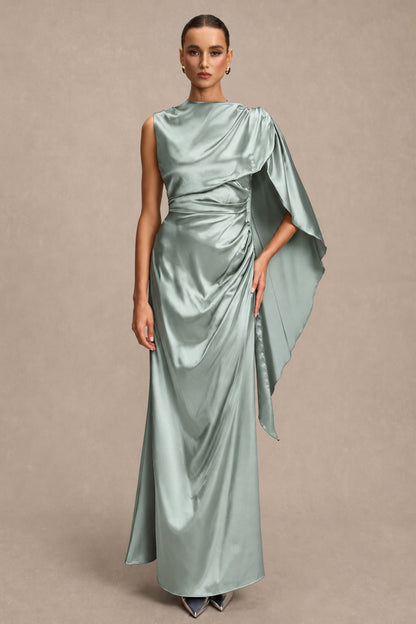 Satin Asymmetrical Cape Ruched Maxi Dress