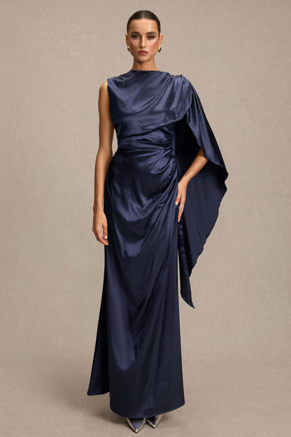 Satin Asymmetrical Cape Ruched Maxi Dress