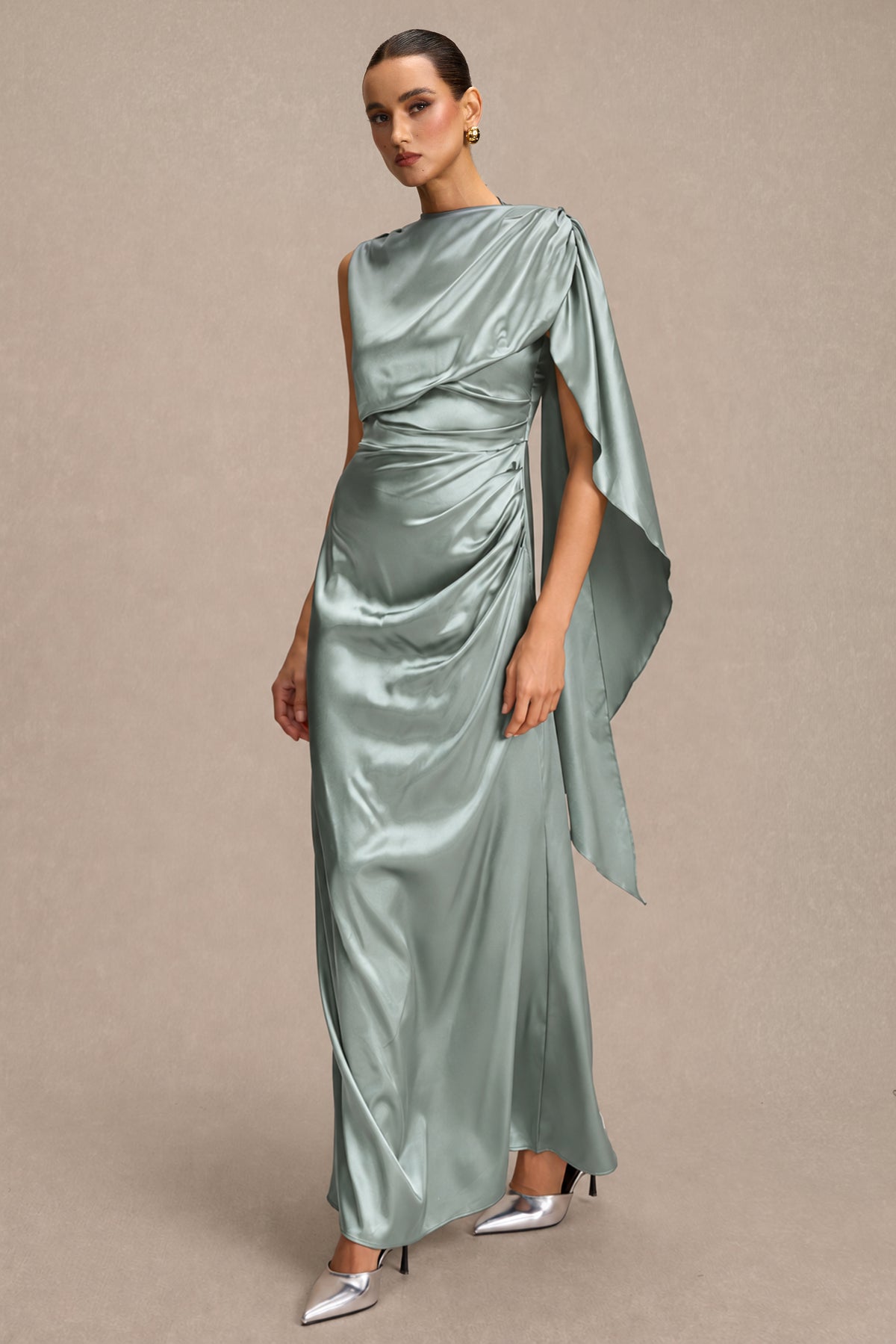 Satin Asymmetrical Cape Ruched Maxi Dress