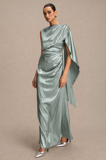 Satin Asymmetrical Cape Ruched Maxi Dress