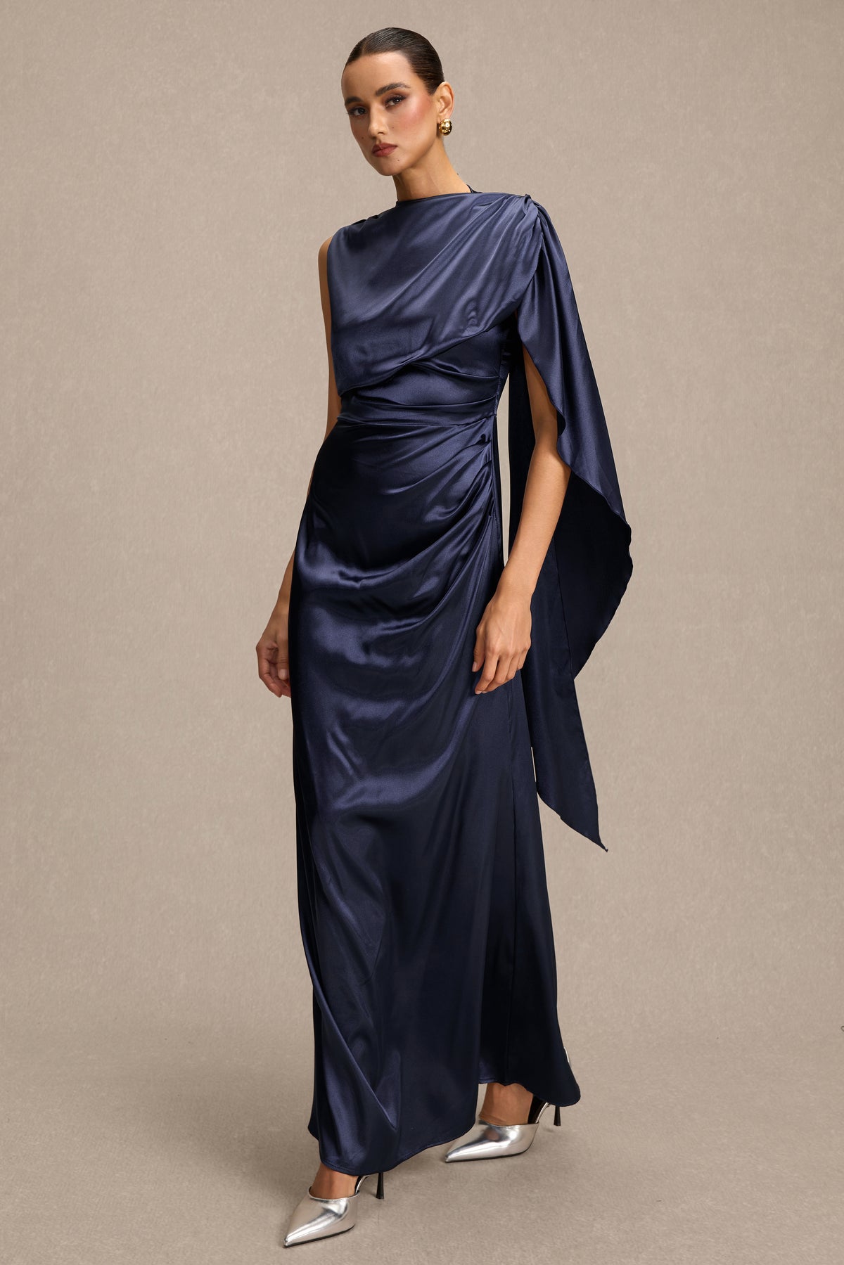 Satin Asymmetrical Cape Ruched Maxi Dress