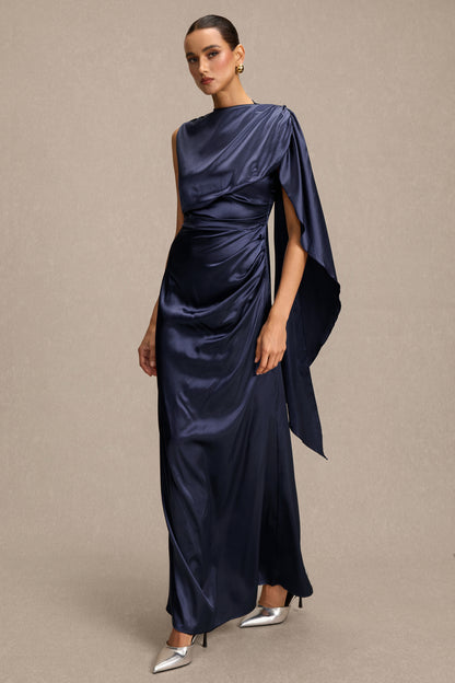 Satin Asymmetrical Cape Ruched Maxi Dress