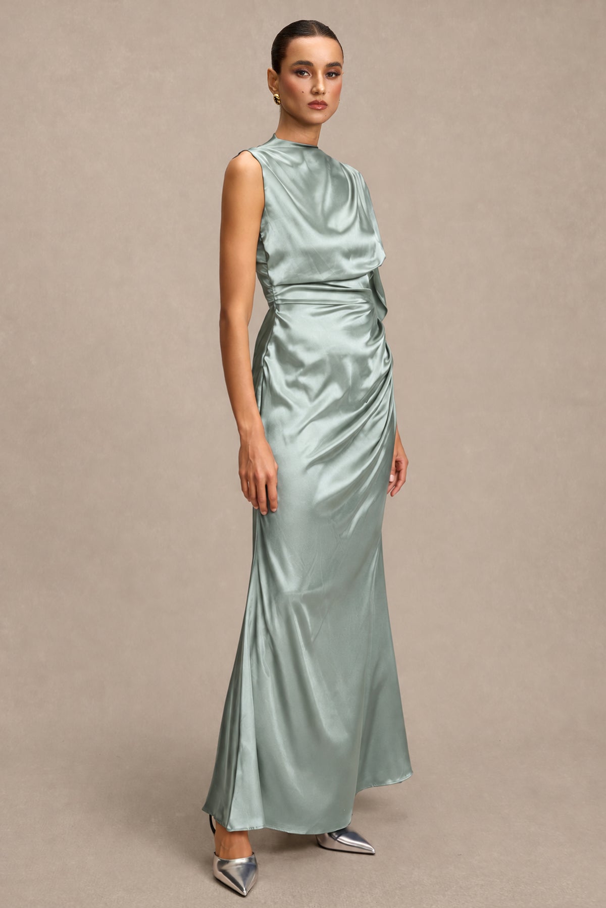 Satin Asymmetrical Cape Ruched Maxi Dress