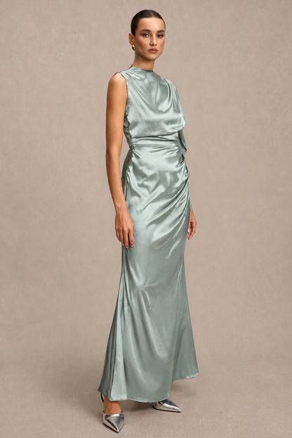 Satin Asymmetrical Cape Ruched Maxi Dress