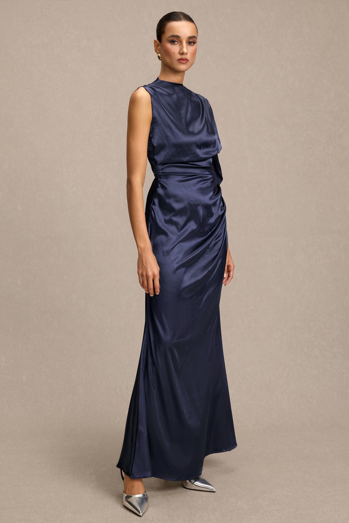 Satin Asymmetrical Cape Ruched Maxi Dress