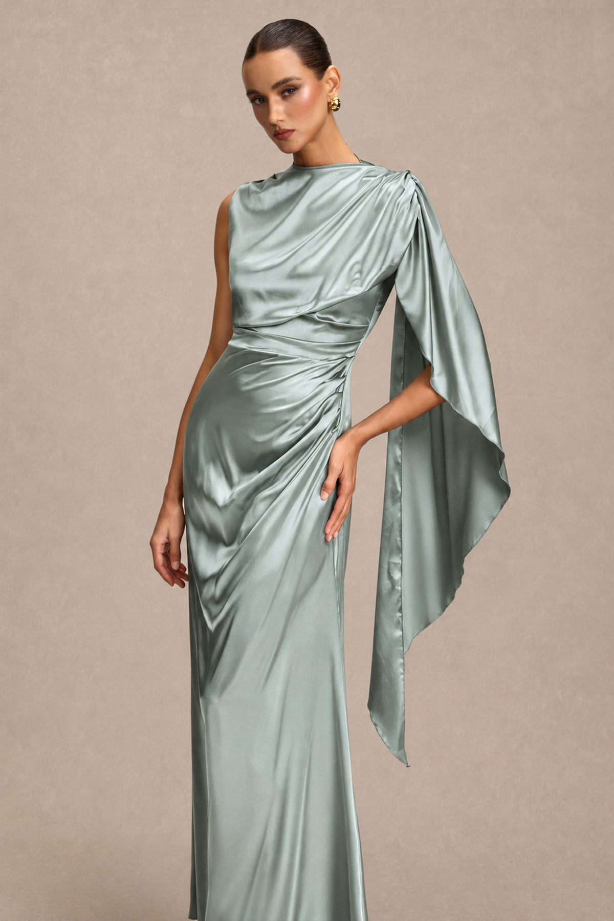 Satin Asymmetrical Cape Ruched Maxi Dress