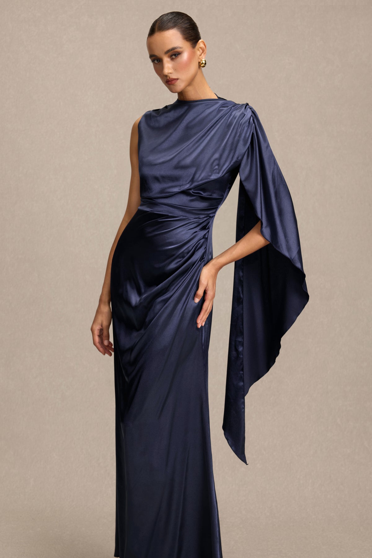 Satin Asymmetrical Cape Ruched Maxi Dress