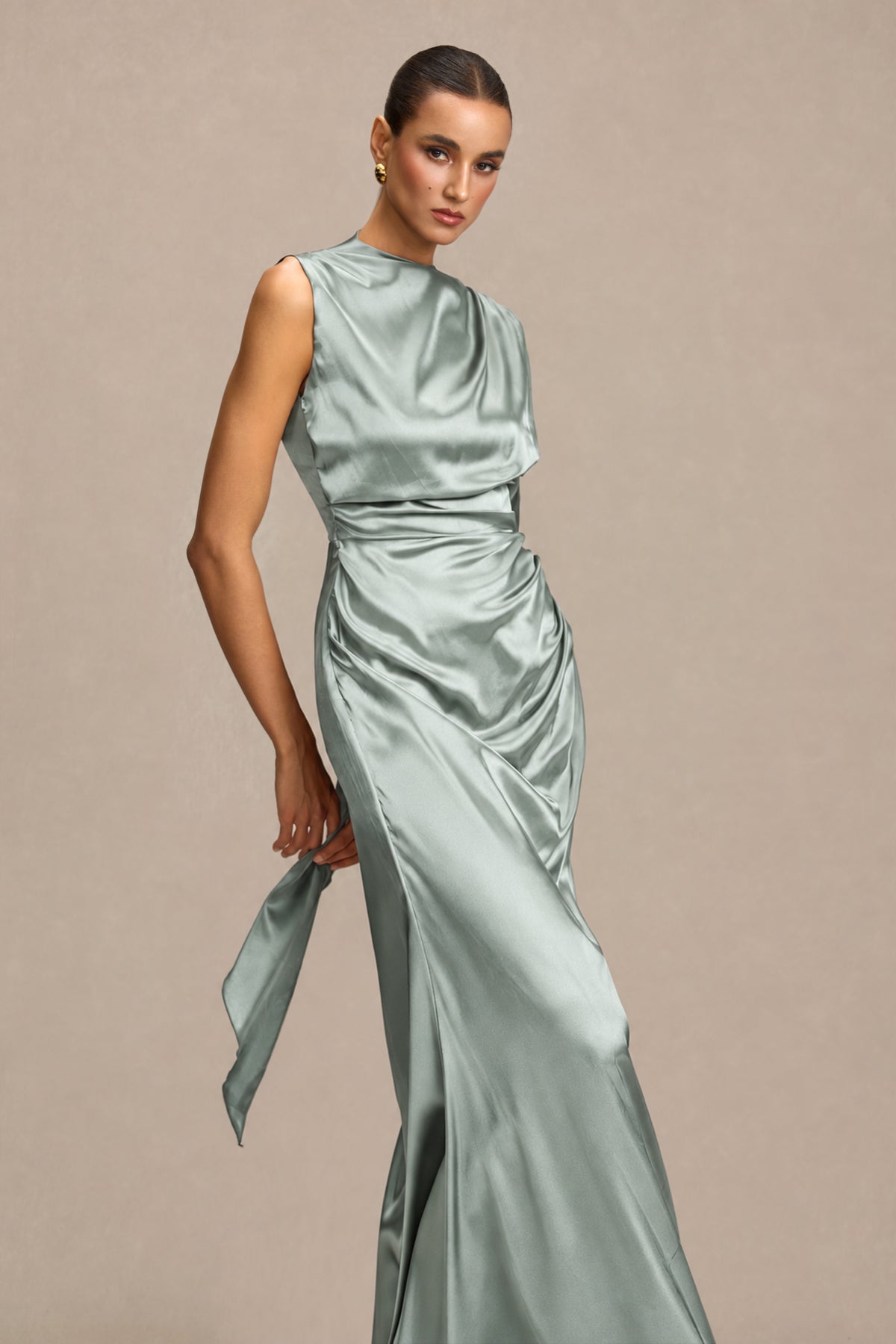 Satin Asymmetrical Cape Ruched Maxi Dress