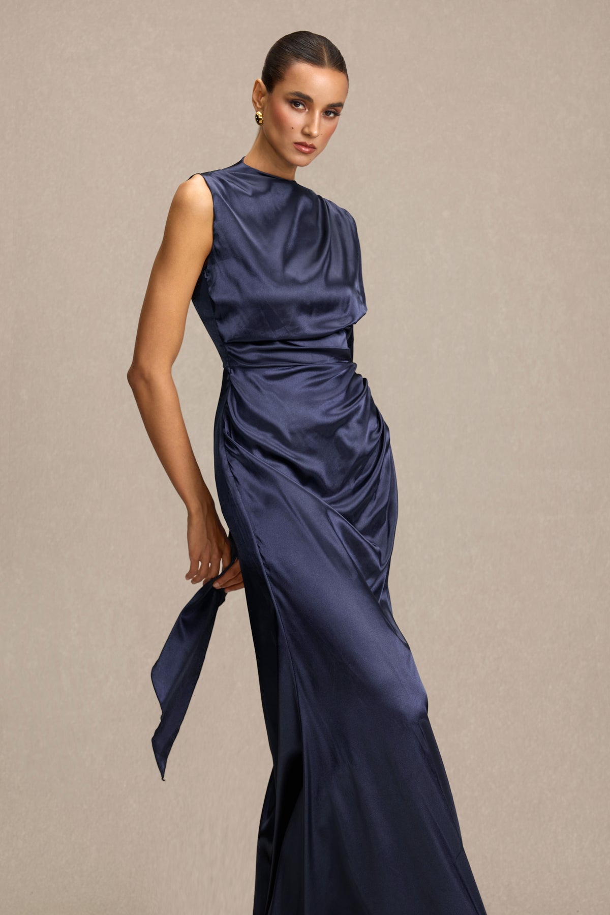 Satin Asymmetrical Cape Ruched Maxi Dress