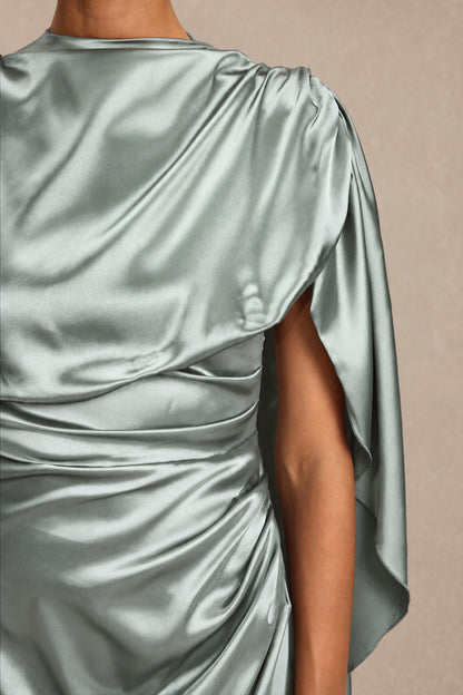 Satin Asymmetrical Cape Ruched Maxi Dress