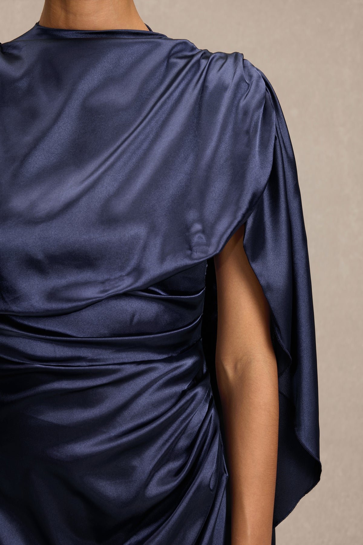 Satin Asymmetrical Cape Ruched Maxi Dress