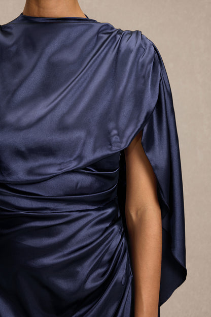 Satin Asymmetrical Cape Ruched Maxi Dress