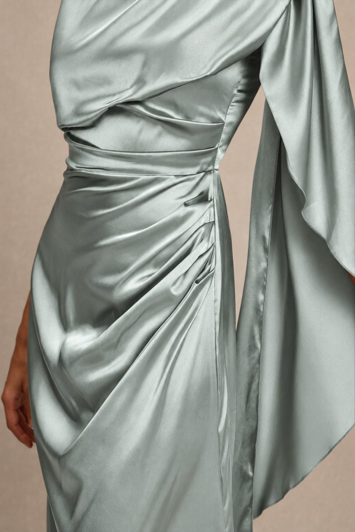 Satin Asymmetrical Cape Ruched Maxi Dress