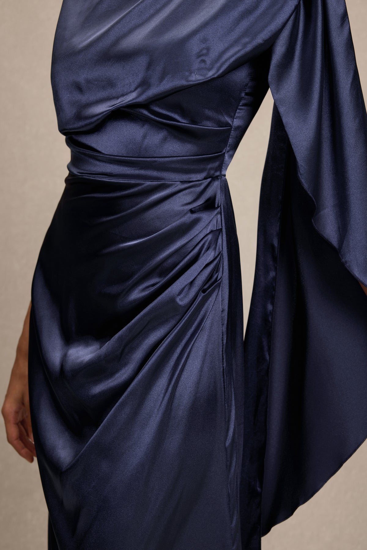 Satin Asymmetrical Cape Ruched Maxi Dress