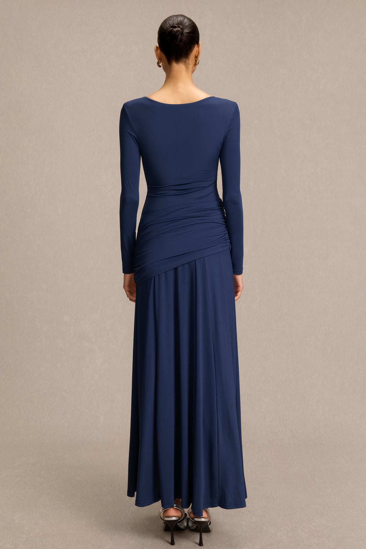 Square Collar Gathering Long Sleeve Maxi Dress
