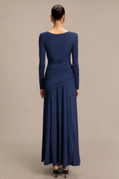 Square Collar Gathering Long Sleeve Maxi Dress