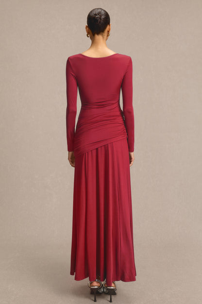 Square Collar Gathering Long Sleeve Maxi Dress