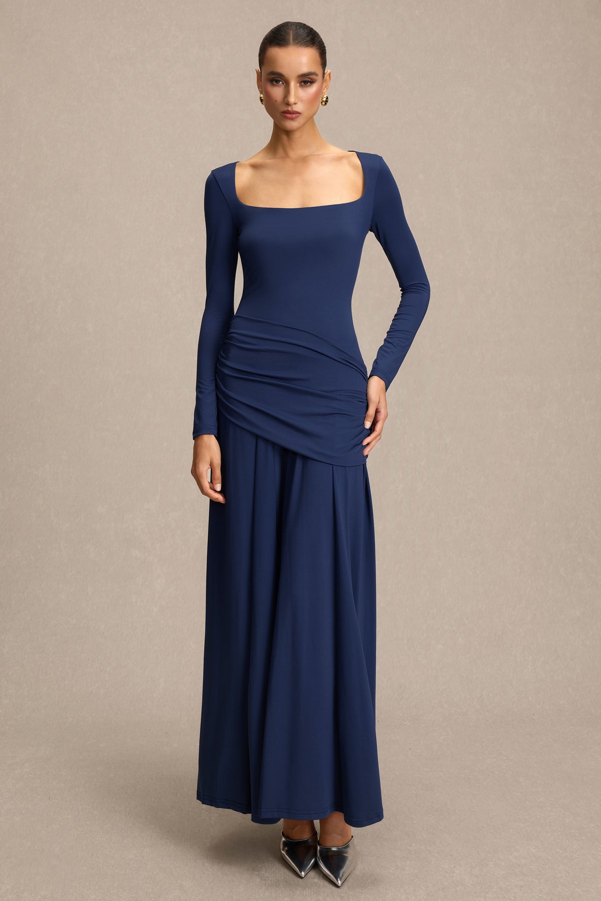 Square Collar Gathering Long Sleeve Maxi Dress