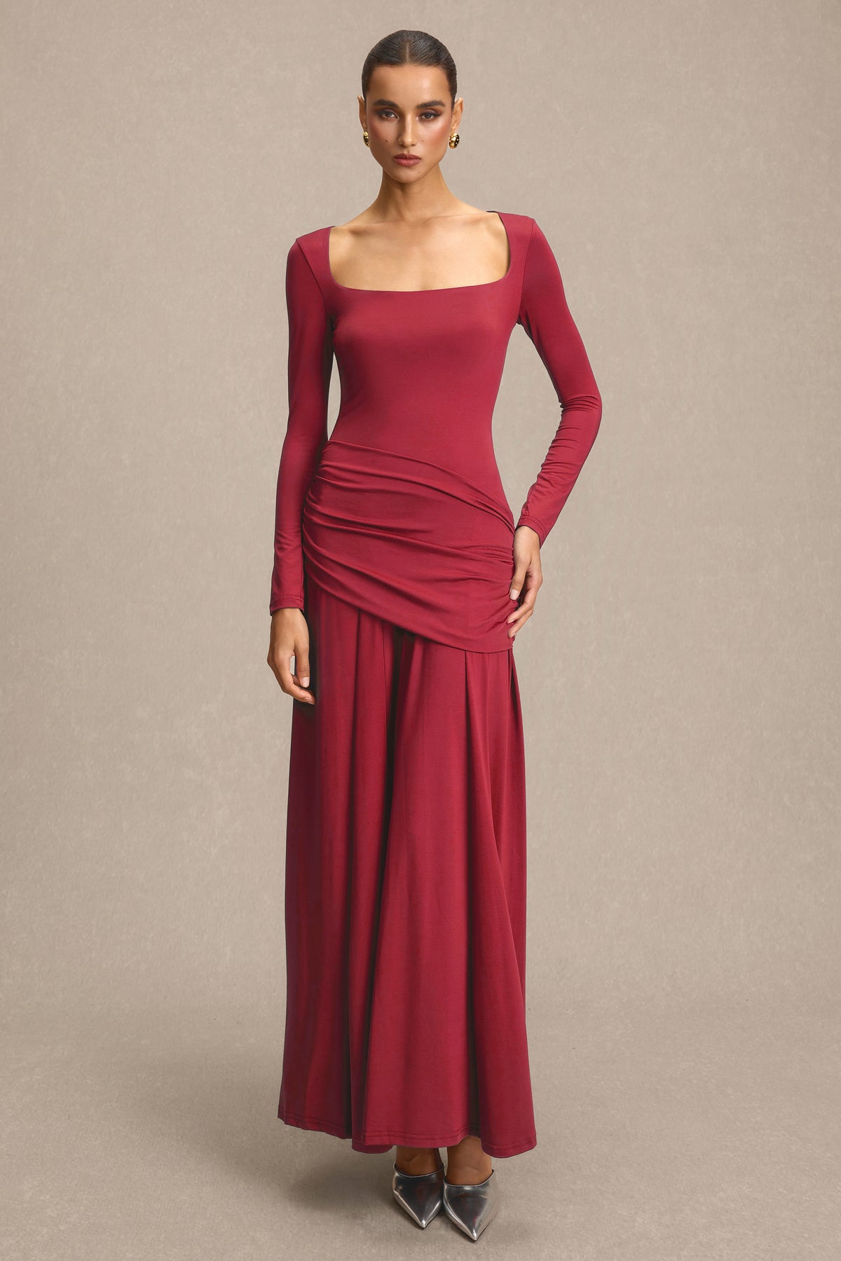 Square Collar Gathering Long Sleeve Maxi Dress