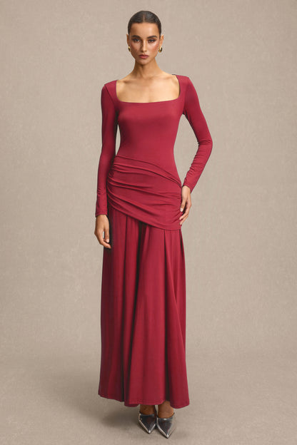 Square Collar Gathering Long Sleeve Maxi Dress