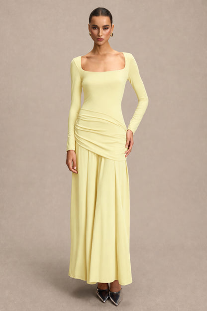 Square Collar Gathering Long Sleeve Maxi Dress