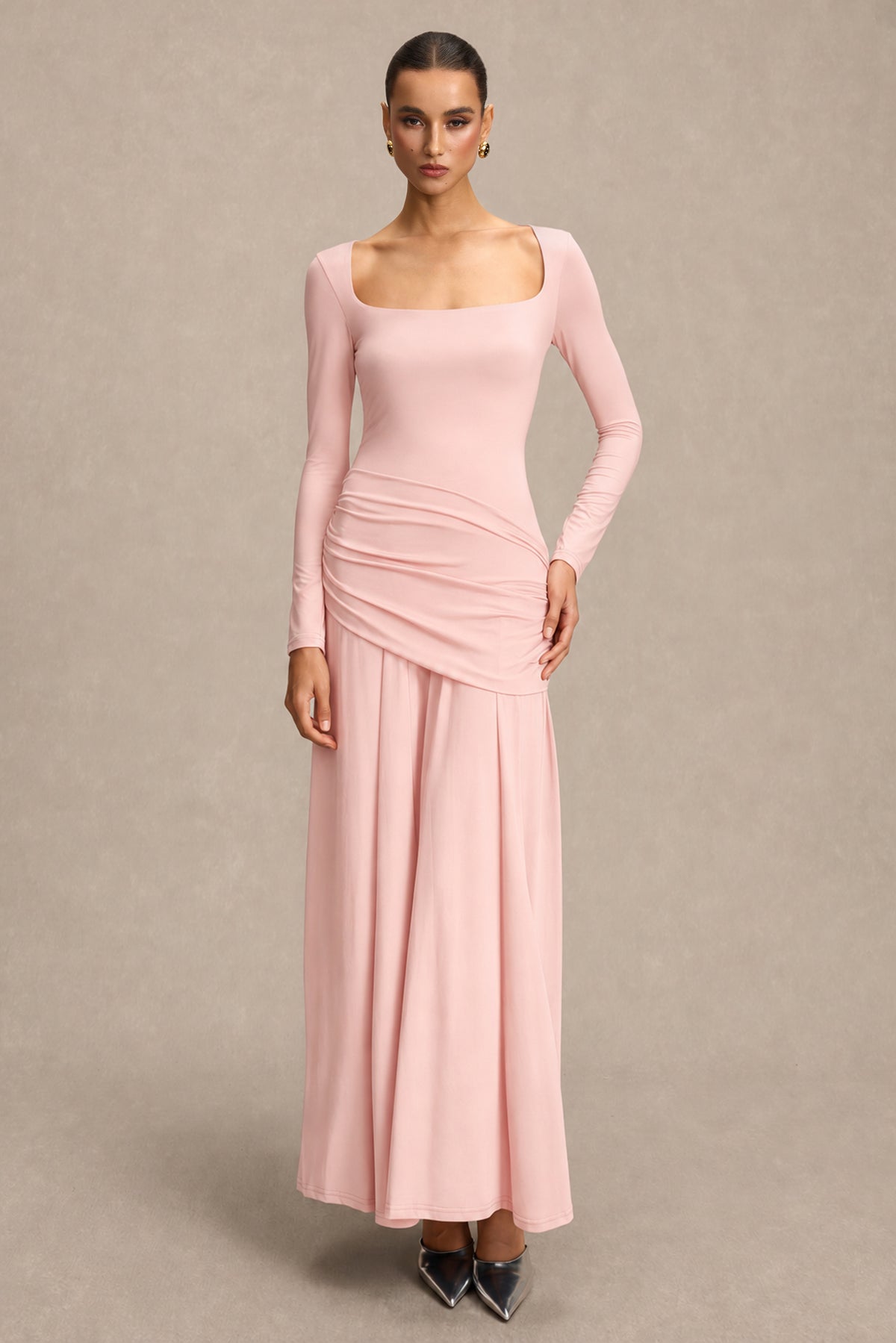 Square Collar Gathering Long Sleeve Maxi Dress