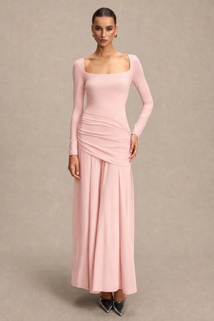 Square Collar Gathering Long Sleeve Maxi Dress