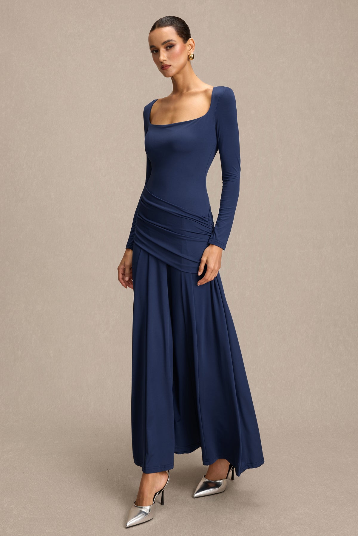 Square Collar Gathering Long Sleeve Maxi Dress