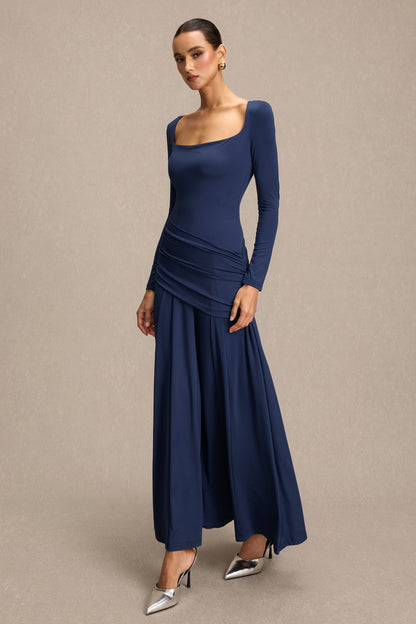 Square Collar Gathering Long Sleeve Maxi Dress