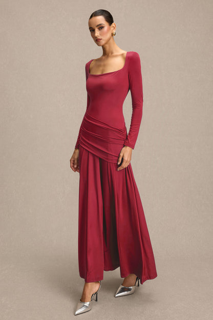 Square Collar Gathering Long Sleeve Maxi Dress