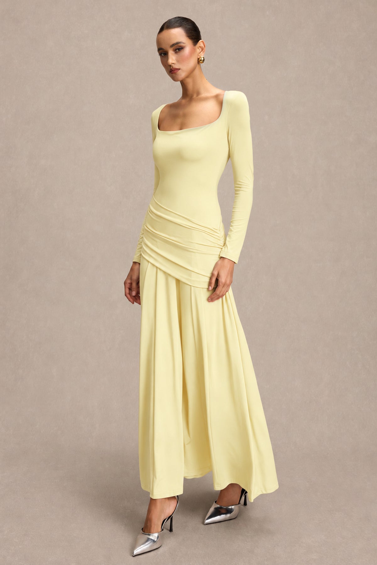 Square Collar Gathering Long Sleeve Maxi Dress