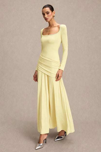 Square Collar Gathering Long Sleeve Maxi Dress