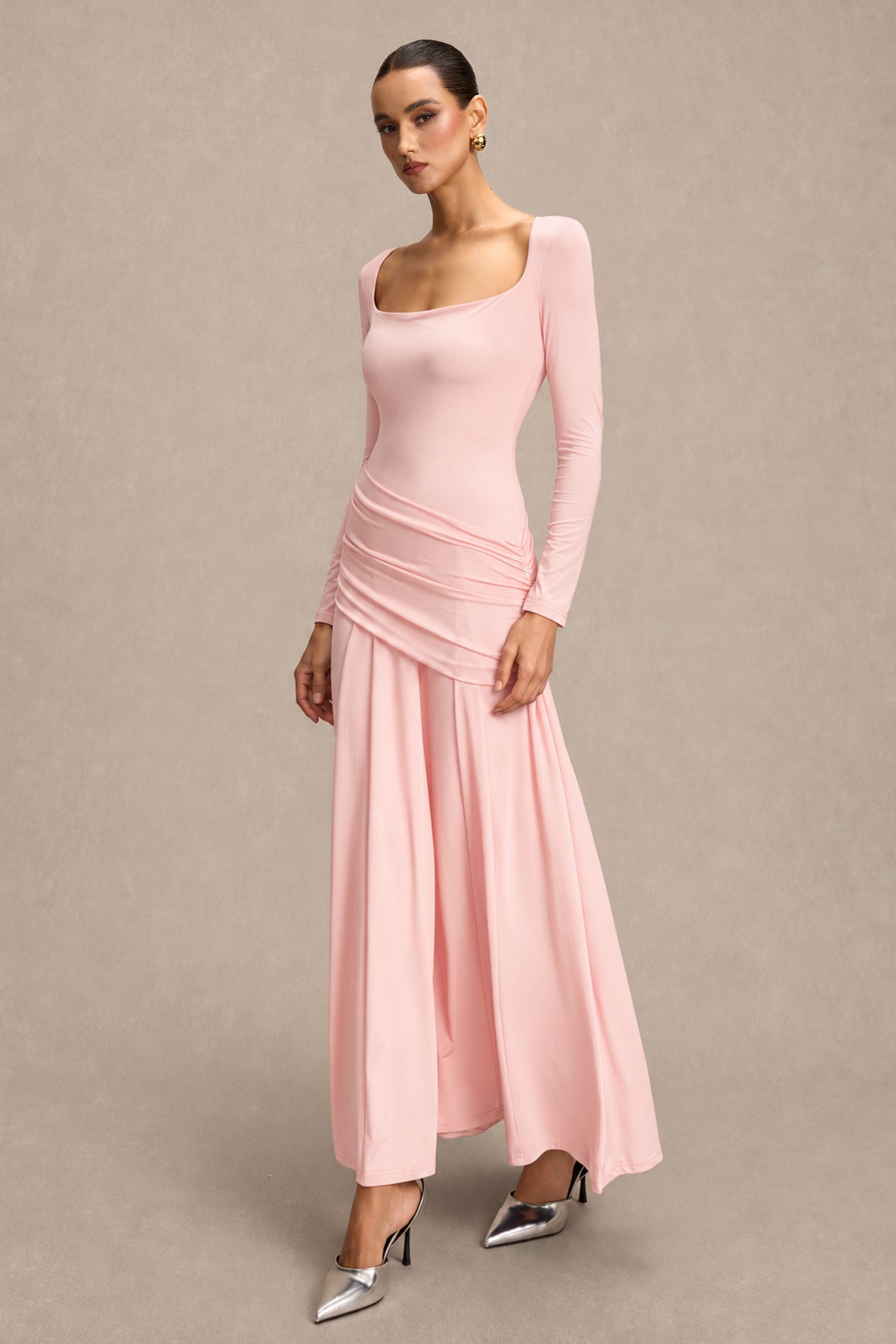 Square Collar Gathering Long Sleeve Maxi Dress