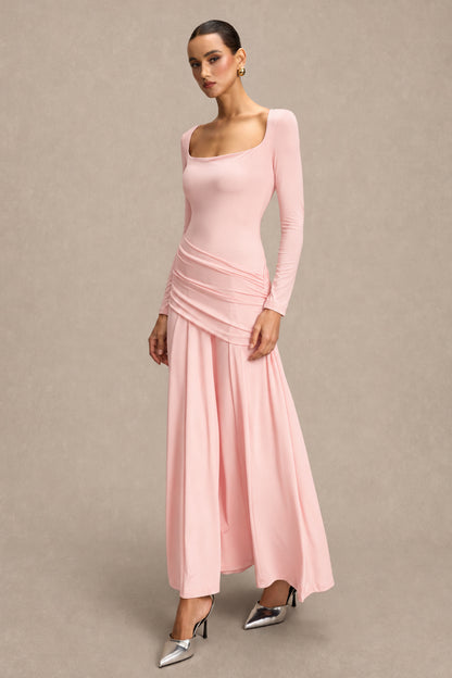 Square Collar Gathering Long Sleeve Maxi Dress