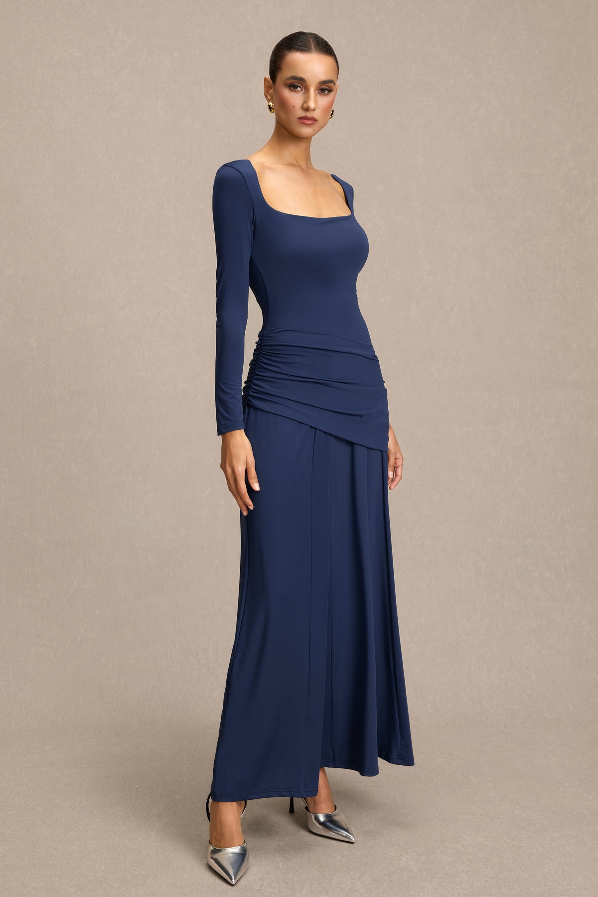 Square Collar Gathering Long Sleeve Maxi Dress