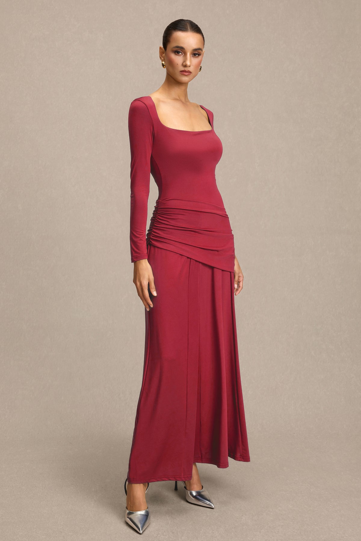 Square Collar Gathering Long Sleeve Maxi Dress