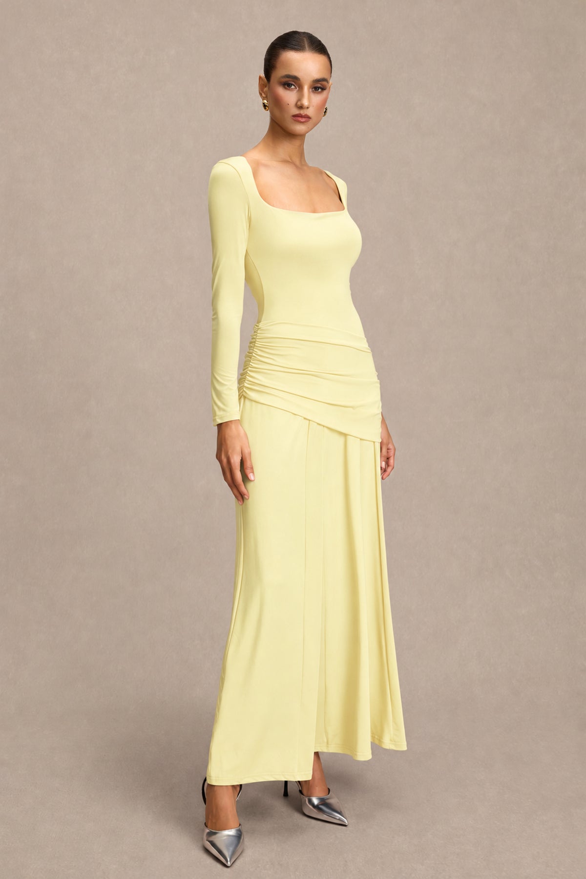 Square Collar Gathering Long Sleeve Maxi Dress