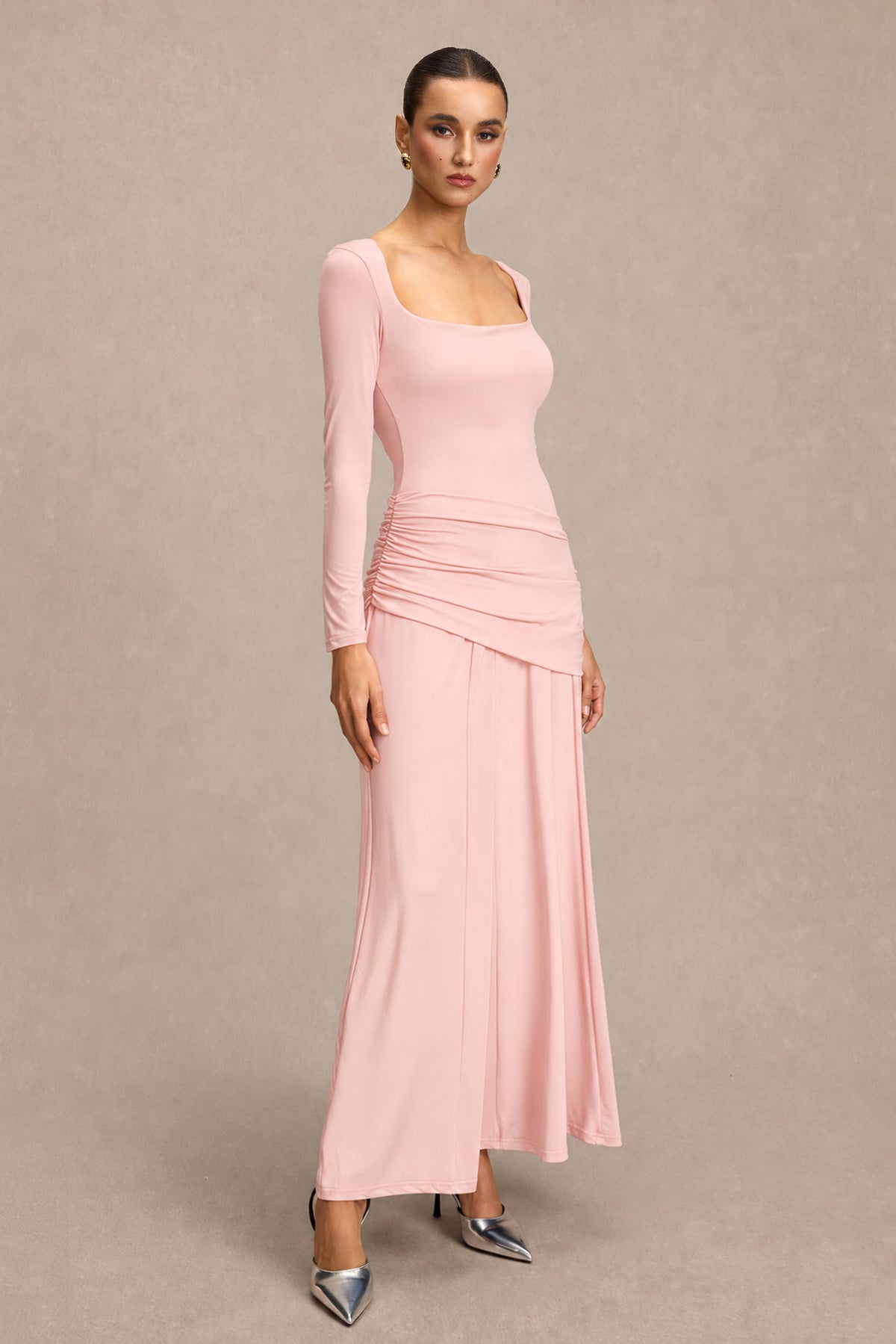 Square Collar Gathering Long Sleeve Maxi Dress